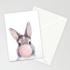 Bunny Rabbit Blowing Bubble Gum, Pink Nursery, Baby Animals Art Print by Synplus Stationery Card Gallery Image 2