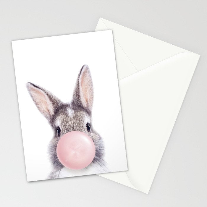 Bunny Rabbit Blowing Bubble Gum, Pink Nursery, Baby Animals Art Print by Synplus Stationery Card Gallery Image 2