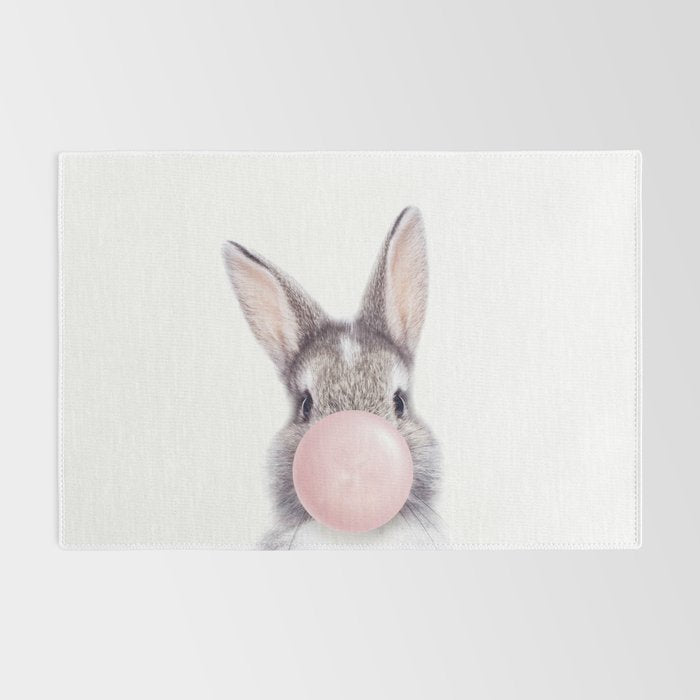 Bunny Rabbit Blowing Bubble Gum, Pink Nursery, Baby Animals Art Print by Synplus Rug Gallery Image 2