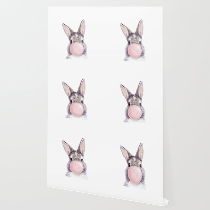 Bunny Rabbit Blowing Bubble Gum, Pink Nursery, Baby Animals Art Print by Synplus Wallpaper Gallery Image 2