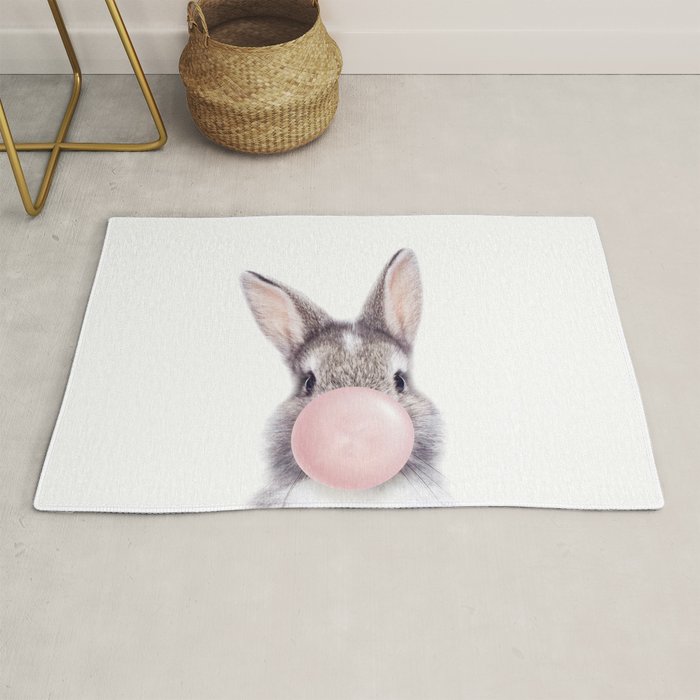 Bunny Rabbit Blowing Bubble Gum, Pink Nursery, Baby Animals Art Print by Synplus Rug Gallery Image 1