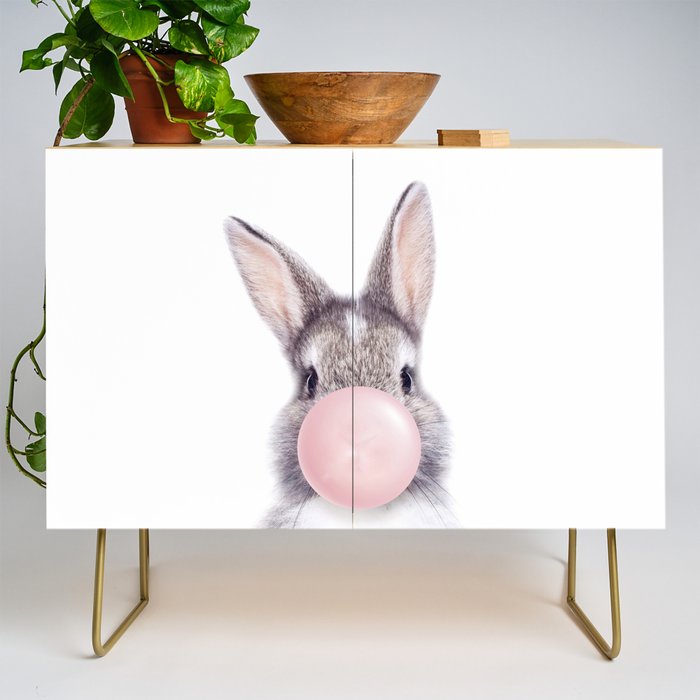 Bunny Rabbit Blowing Bubble Gum, Pink Nursery, Baby Animals Art Print by Synplus Credenza Gallery Image 1