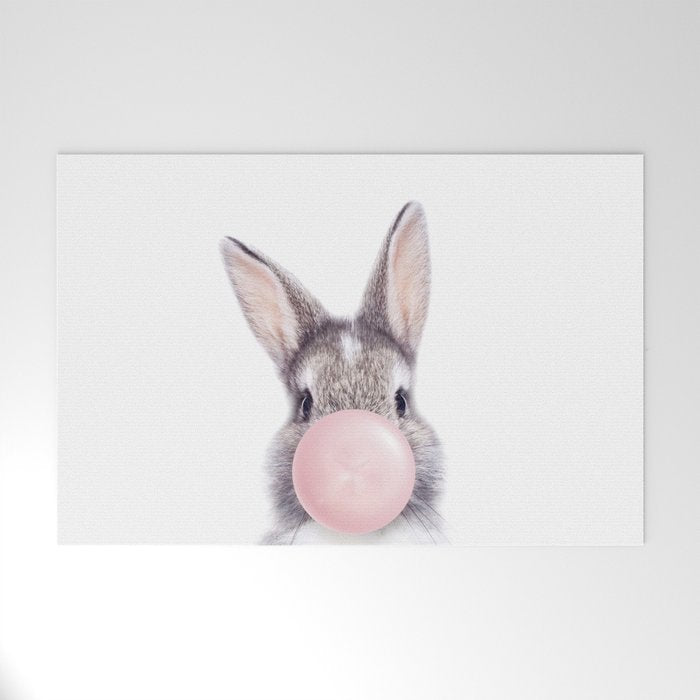 Bunny Rabbit Blowing Bubble Gum, Pink Nursery, Baby Animals Art Print by Synplus Welcome Mat Gallery Image 1