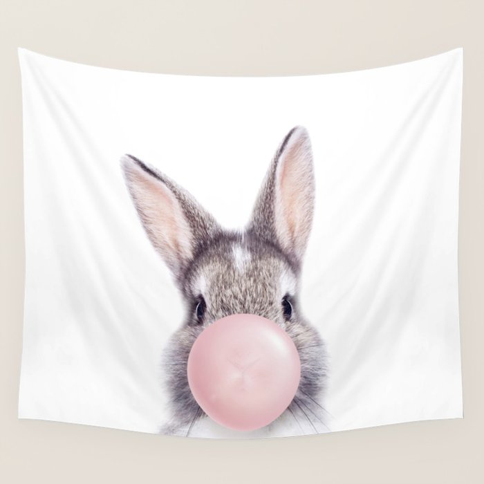 Bunny Rabbit Blowing Bubble Gum, Pink Nursery, Baby Animals Art Print by Synplus Wall Tapestry Gallery Image 4