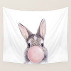 Bunny Rabbit Blowing Bubble Gum, Pink Nursery, Baby Animals Art Print by Synplus Wall Tapestry Gallery Image 4