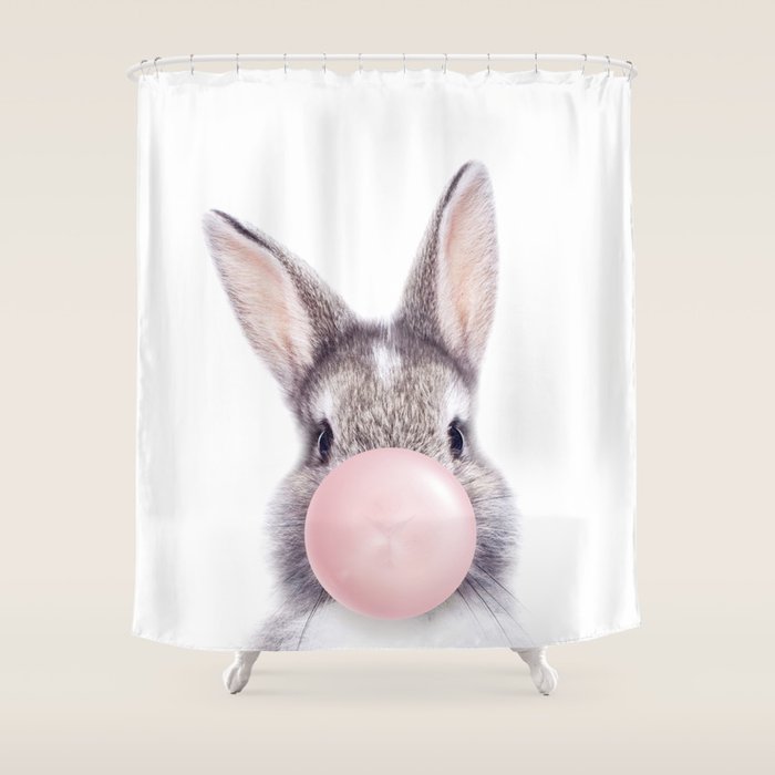 Bunny Rabbit Blowing Bubble Gum, Pink Nursery, Baby Animals Art Print by Synplus Shower Curtain Gallery Image 1