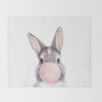 Bunny Rabbit Blowing Bubble Gum, Pink Nursery, Baby Animals Art Print by Synplus Throw Blanket Gallery Image 2