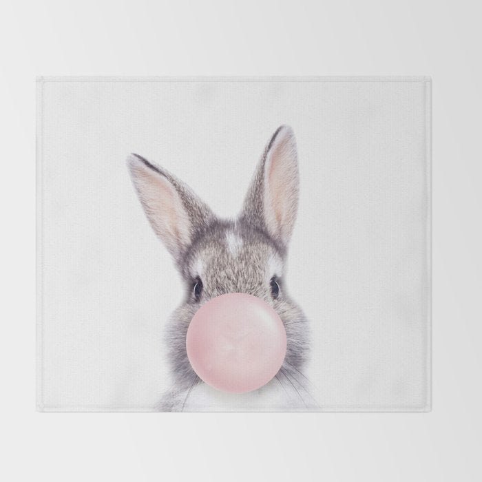 Bunny Rabbit Blowing Bubble Gum, Pink Nursery, Baby Animals Art Print by Synplus Throw Blanket Gallery Image 2