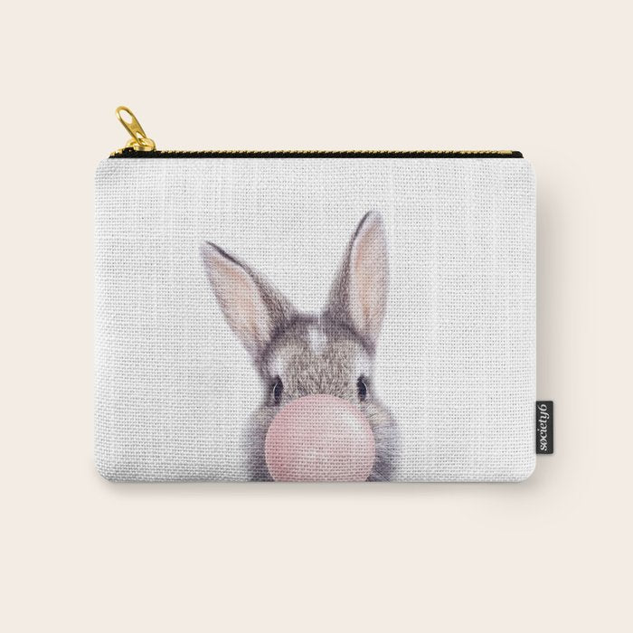 Bunny Rabbit Blowing Bubble Gum, Pink Nursery, Baby Animals Art Print by Synplus Carry All Pouch Gallery Image 1