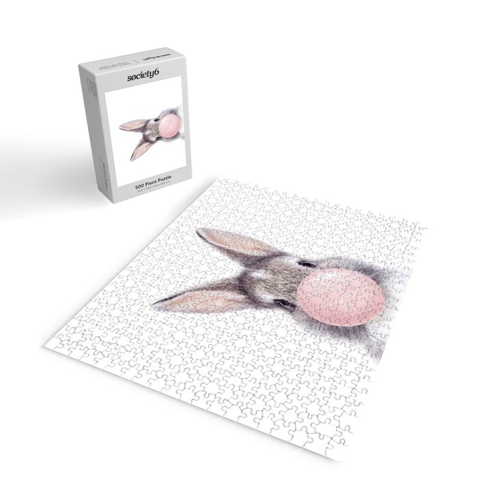 Bunny Rabbit Blowing Bubble Gum, Pink Nursery, Baby Animals Art Print by Synplus Jigsaw Puzzle Gallery Image 2