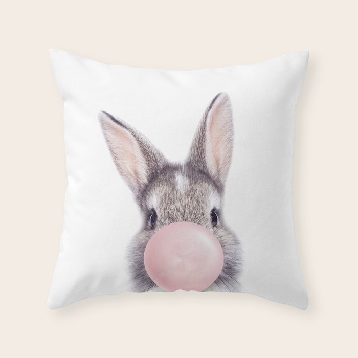Bunny Rabbit Blowing Bubble Gum, Pink Nursery, Baby Animals Art Print by Synplus Throw Pillow Gallery Image 1