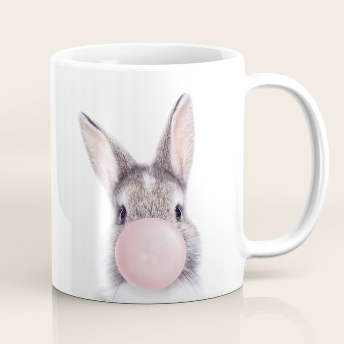 Bunny Rabbit Blowing Bubble Gum, Pink Nursery, Baby Animals Art Print by Synplus Coffee Mug Gallery Image 1