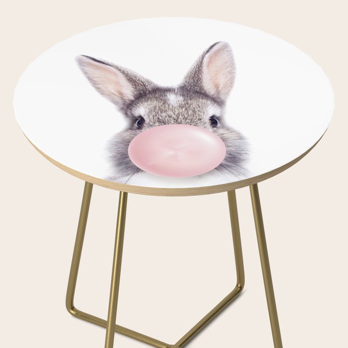 Bunny Rabbit Blowing Bubble Gum, Pink Nursery, Baby Animals Art Print by Synplus Side Table Gallery Image 2