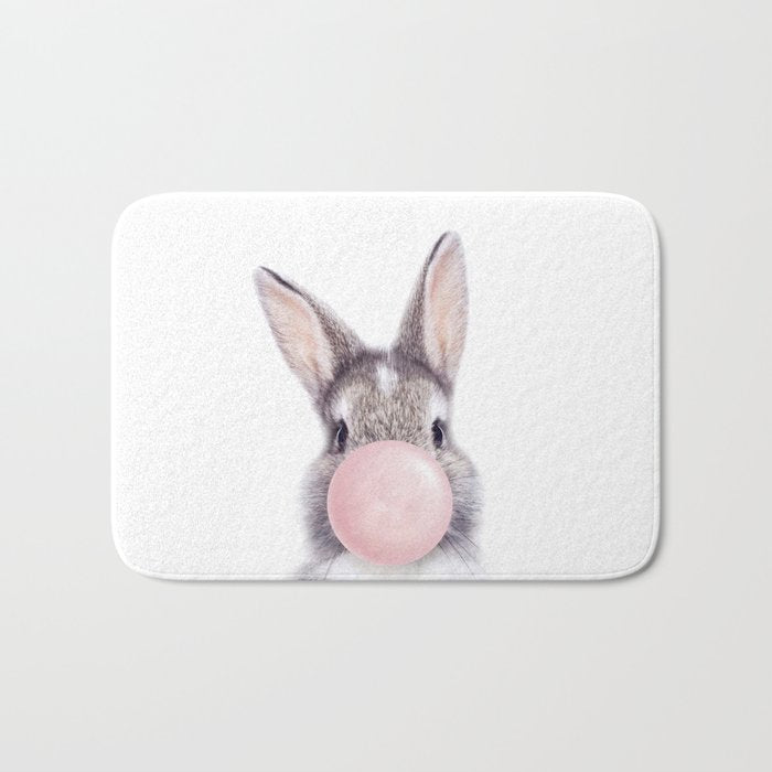 Bunny Rabbit Blowing Bubble Gum, Pink Nursery, Baby Animals Art Print by Synplus Bath Mat Gallery Image 1