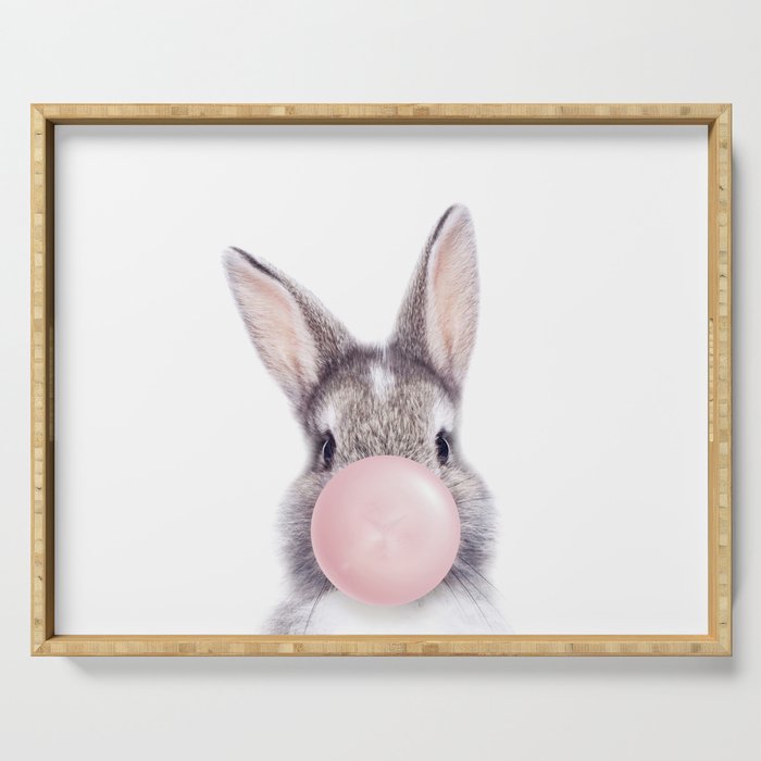 Bunny Rabbit Blowing Bubble Gum, Pink Nursery, Baby Animals Art Print by Synplus Serving Tray Gallery Image 1