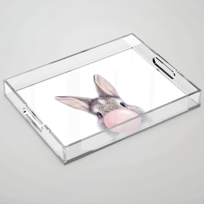 Bunny Rabbit Blowing Bubble Gum, Pink Nursery, Baby Animals Art Print by Synplus Acrylic Tray Gallery Image 1
