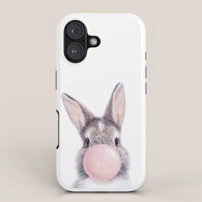 Bunny Rabbit Blowing Bubble Gum, Pink Nursery, Baby Animals Art Print by Synplus iPhone Case Gallery Image 1