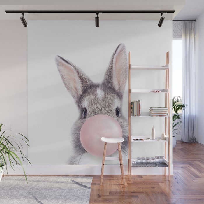 Bunny Rabbit Blowing Bubble Gum, Pink Nursery, Baby Animals Art Print by Synplus Wall Mural Gallery Image 1