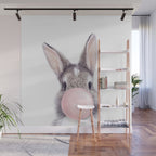 Bunny Rabbit Blowing Bubble Gum, Pink Nursery, Baby Animals Art Print by Synplus Wall Mural Gallery Image 1