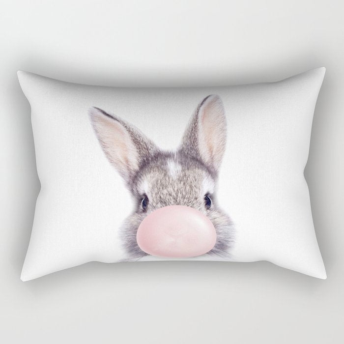 Bunny Rabbit Blowing Bubble Gum, Pink Nursery, Baby Animals Art Print by Synplus Rectangular Pillow Gallery Image 1