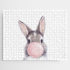 Bunny Rabbit Blowing Bubble Gum, Pink Nursery, Baby Animals Art Print by Synplus Jigsaw Puzzle Gallery Image 1