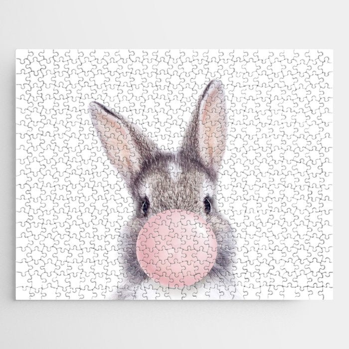 Bunny Rabbit Blowing Bubble Gum, Pink Nursery, Baby Animals Art Print by Synplus Jigsaw Puzzle Gallery Image 1