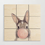 Bunny Rabbit Blowing Bubble Gum, Pink Nursery, Baby Animals Art Print by Synplus Wood Wall Art Gallery Image 1