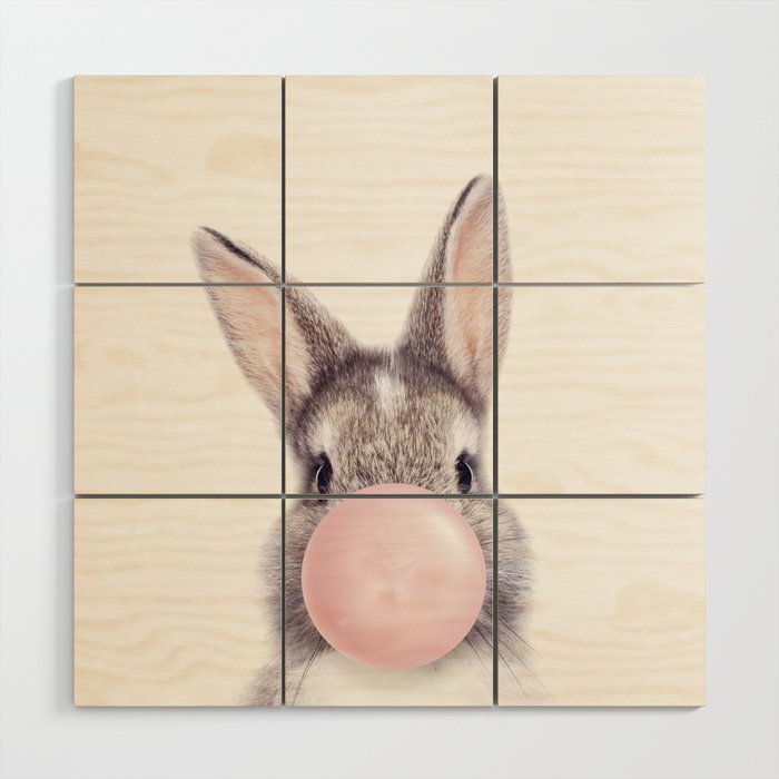 Bunny Rabbit Blowing Bubble Gum, Pink Nursery, Baby Animals Art Print by Synplus Wood Wall Art Gallery Image 1
