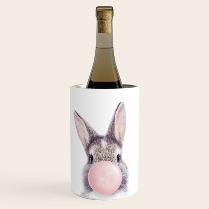 Bunny Rabbit Blowing Bubble Gum, Pink Nursery, Baby Animals Art Print by Synplus Wine Chiller Gallery Image 1
