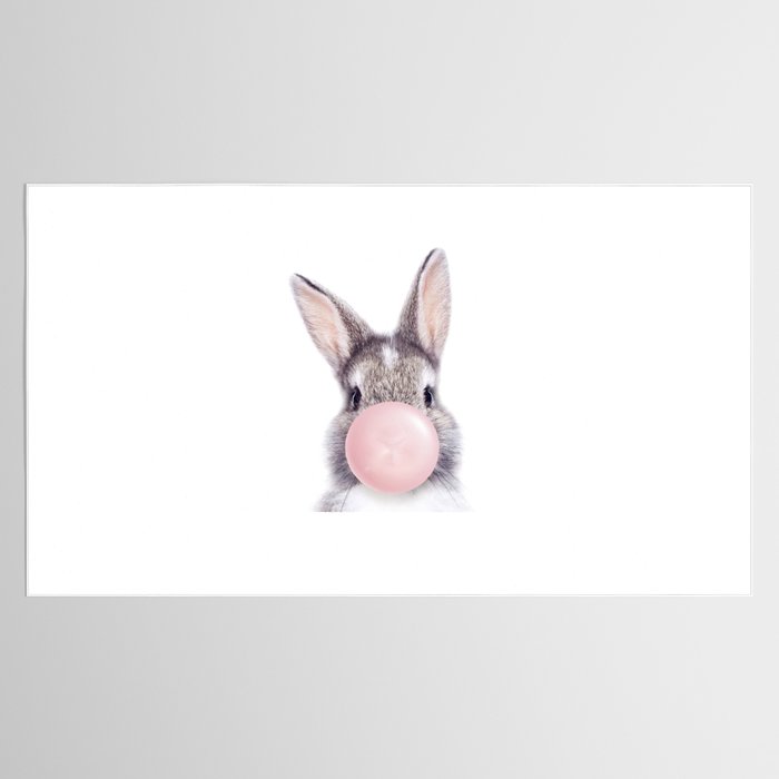Bunny Rabbit Blowing Bubble Gum, Pink Nursery, Baby Animals Art Print by Synplus Tablecloth Gallery Image 2