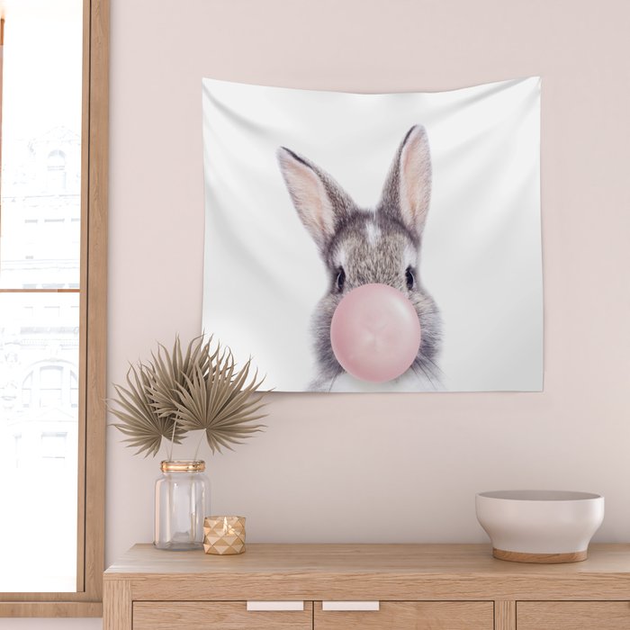 Bunny Rabbit Blowing Bubble Gum, Pink Nursery, Baby Animals Art Print by Synplus Wall Tapestry Gallery Image 2
