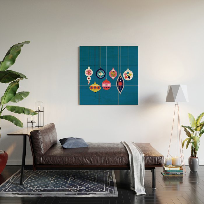 Retro Christmas Baubles on a dark background Wood Wall Art Gallery Image 2