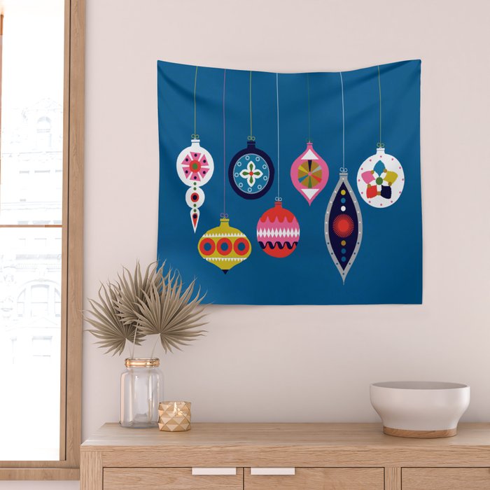 Retro Christmas Baubles on a dark background Wall Tapestry Gallery Image 2