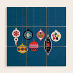 Retro Christmas Baubles on a dark background Wood Wall Art Gallery Image 1