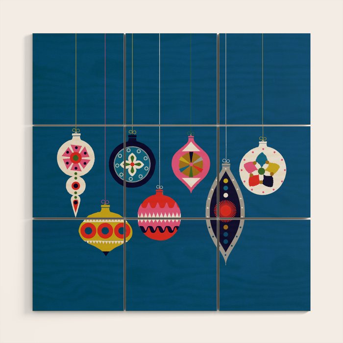 Retro Christmas Baubles on a dark background Wood Wall Art Gallery Image 1