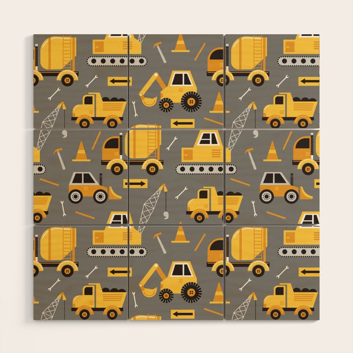Construction Trucks on Gray Wood Wall Art Gallery Image 1
