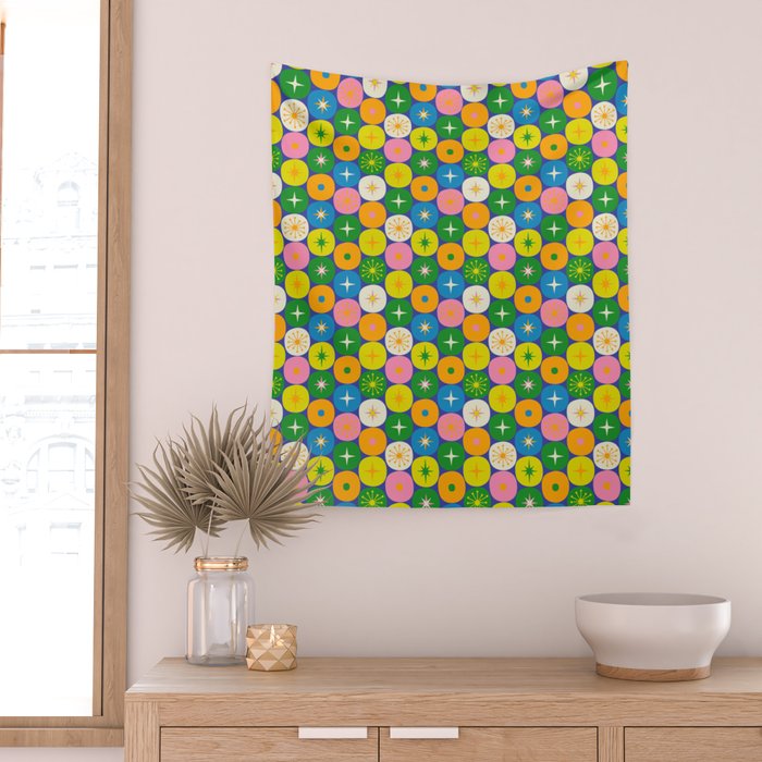 Mid Century Modern Atomic Future Colorful Modtastic Dots and Stars Pattern 3 Wall Tapestry Gallery Image 2