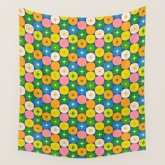 Mid Century Modern Atomic Future Colorful Modtastic Dots and Stars Pattern 3 Wall Tapestry Gallery Image 4