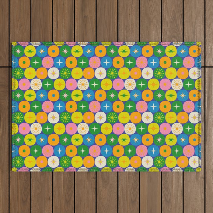 Mid Century Modern Atomic Future Colorful Modtastic Dots and Stars Pattern 3 Outdoor Rug Gallery Image 1