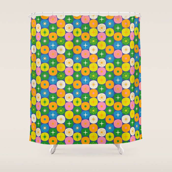 Mid Century Modern Atomic Future Colorful Modtastic Dots and Stars Pattern 3 Shower Curtain Gallery Image 1