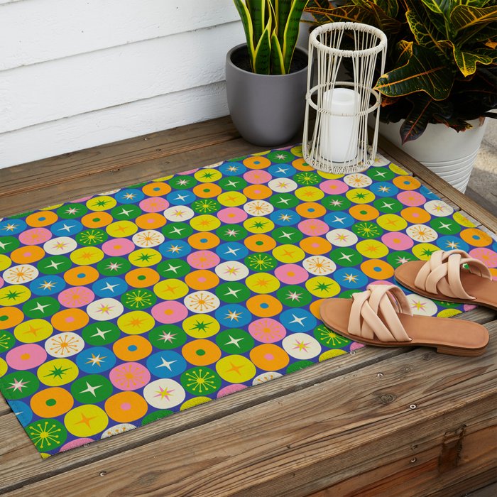 Mid Century Modern Atomic Future Colorful Modtastic Dots and Stars Pattern 3 Outdoor Rug Gallery Image 2