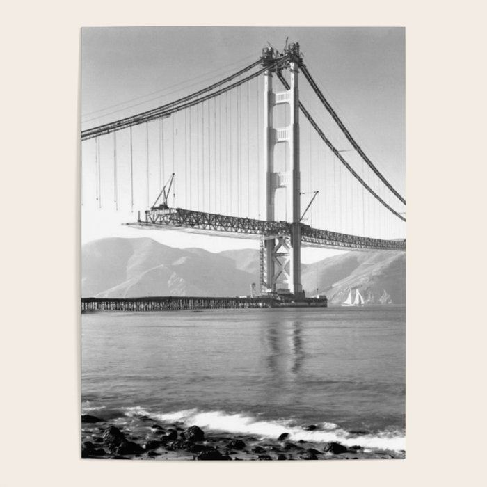Construction of the Golden Gate Bridge, 1935, San Francisco Bay black and white photograph Poster Gallery Image 1