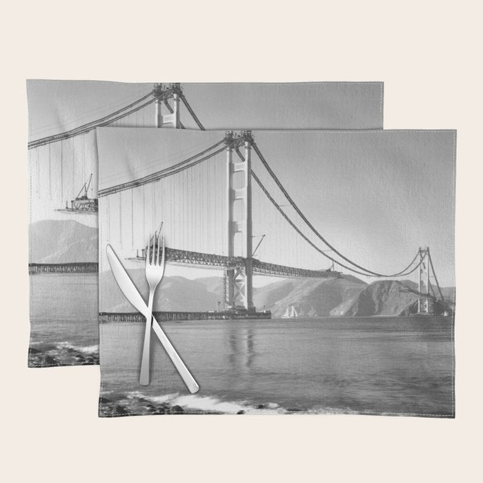 Construction of the Golden Gate Bridge, 1935, San Francisco Bay black and white photograph Placemat Gallery Image 1