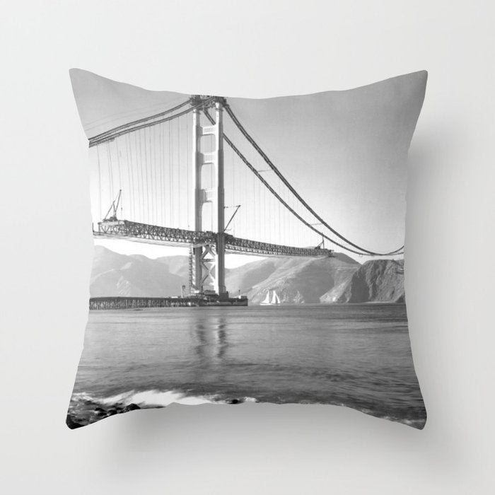 Construction of the Golden Gate Bridge, 1935, San Francisco Bay black and white photograph Throw Pillow Gallery Image 1