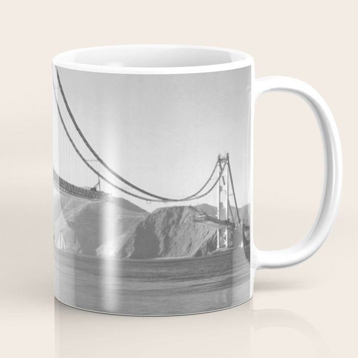 Construction of the Golden Gate Bridge, 1935, San Francisco Bay black and white photograph Coffee Mug Gallery Image 1