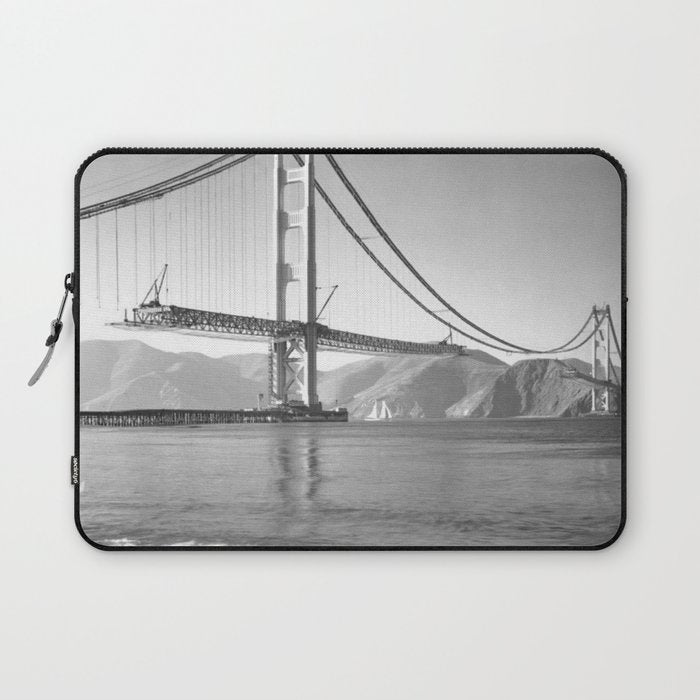 Construction of the Golden Gate Bridge, 1935, San Francisco Bay black and white photograph Laptop Sleeve Gallery Image 1