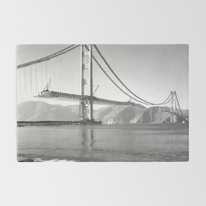 Construction of the Golden Gate Bridge, 1935, San Francisco Bay black and white photograph Rug Gallery Image 2