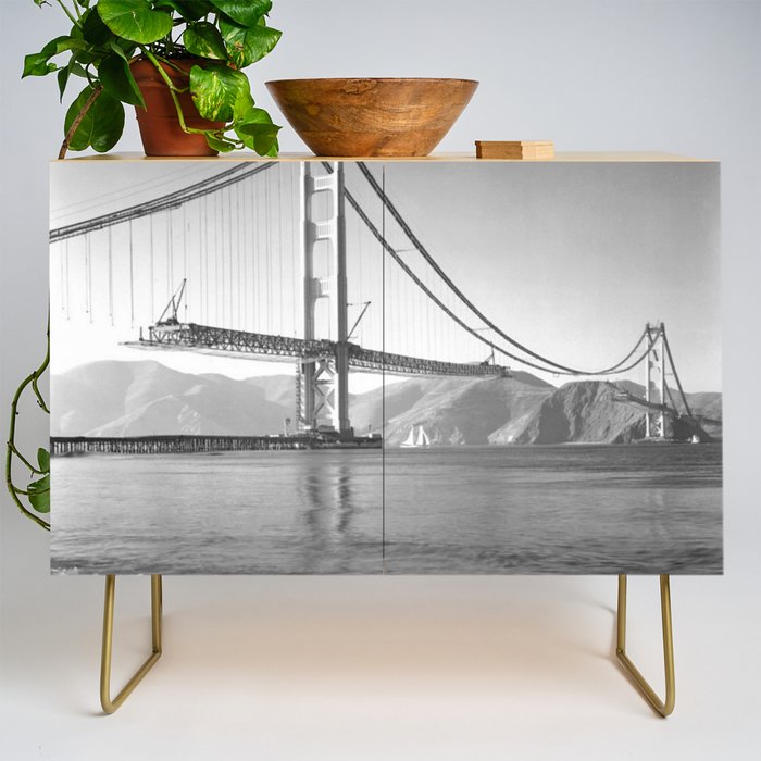 Construction of the Golden Gate Bridge, 1935, San Francisco Bay black and white photograph Credenza Gallery Image 1