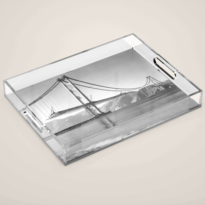 Construction of the Golden Gate Bridge, 1935, San Francisco Bay black and white photograph Acrylic Tray Gallery Image 1