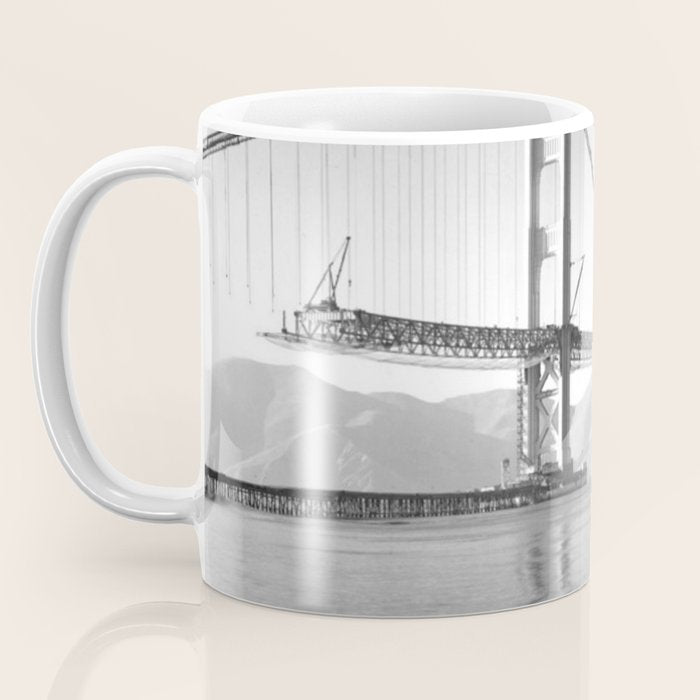 Construction of the Golden Gate Bridge, 1935, San Francisco Bay black and white photograph Coffee Mug Gallery Image 3